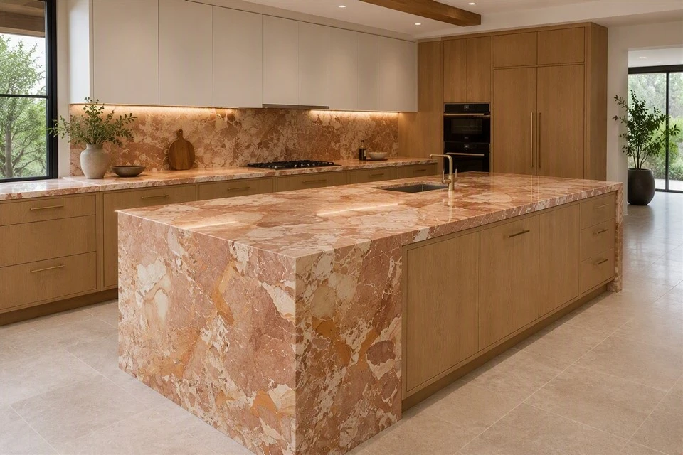 Breccia Pernice Marble kitchen island, countertops and full-height backsplash