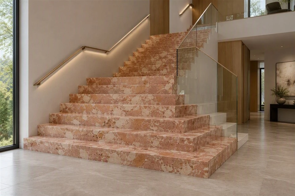 Breccia Pernice Marble interior staircase with matching treads and risers