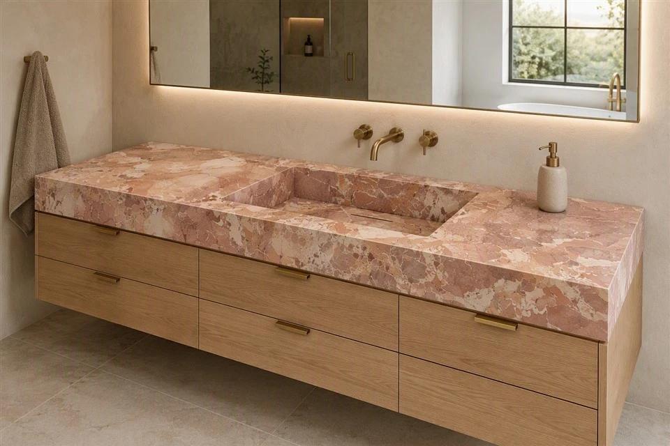 Integrated Breccia Pernice Marble vanity and sink with wood cabinetry